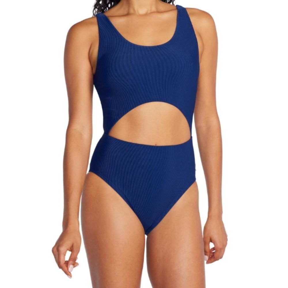 NWT Speedo Swimsuit One Piece Keyhole Tie Back Navy Blue Ribbed - Size 4